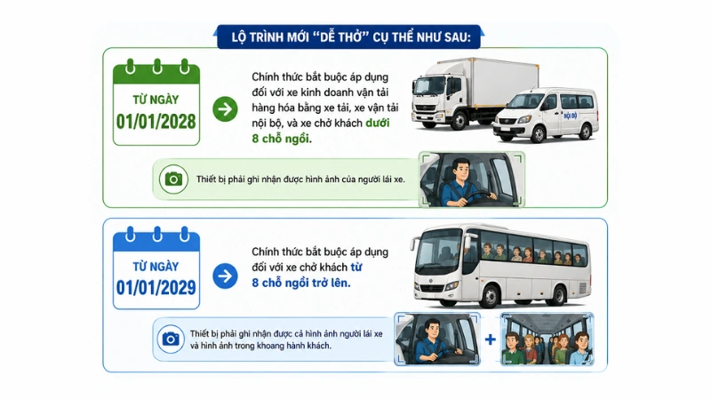 Lộ trình áp dụng và quy định lắp camera trên xe tải 2026-2028